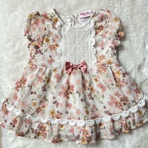 LITTLE LASS BABY FLORAL BUTTERFLY LACE CROCHET FRILLY GOWN FLUTTER SLEEVE DRESS - Picture 1 of 8